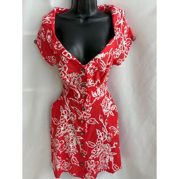 Free People Dresses & Skirts - Free People Linen Red Floral Dress Size 6 Button Front Cottagecore Prairie Cute